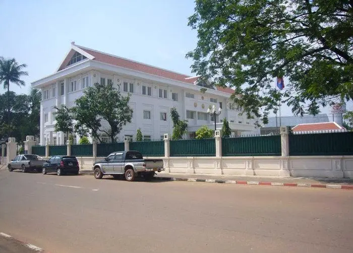 Vietnam embassy in Laos entrance in Vientiane with national flag