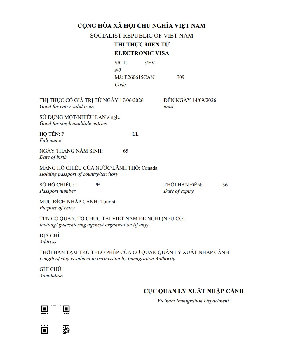 Vietnam visa for Canada citizens - e-visa approval letter on screen with Canadian passport