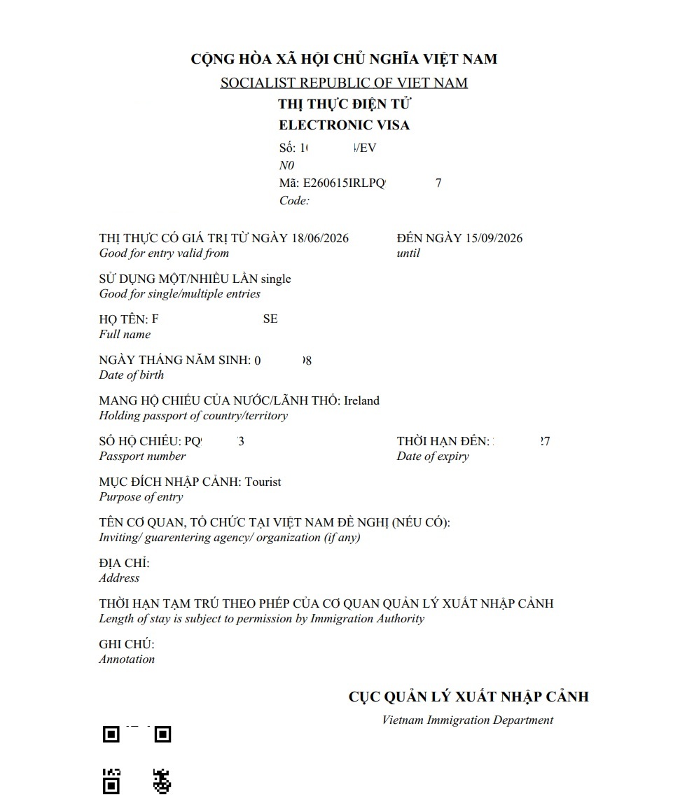 Vietnam visa for Ireland citizens - passport and e-visa approval document