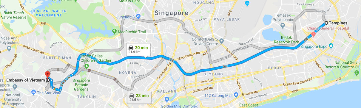 How to get from Tampines to the embassy in Singapore