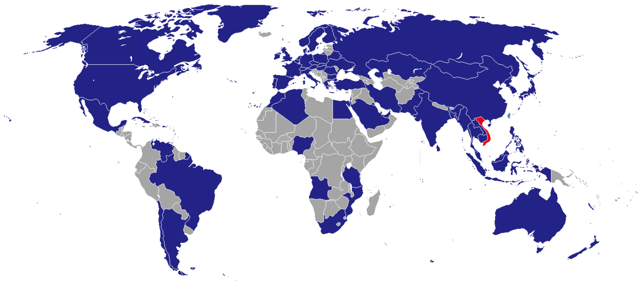 Vietnamese Embassy Information world map showing locations of Vietnamese embassies and consulates worldwide 2026