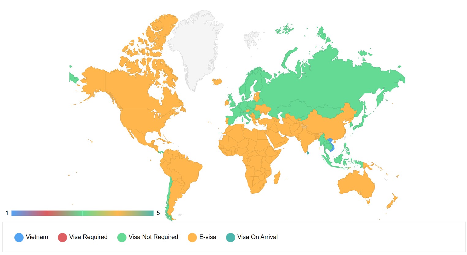 Map showing Vietnam visa requirements by country with color-coded exemption zones